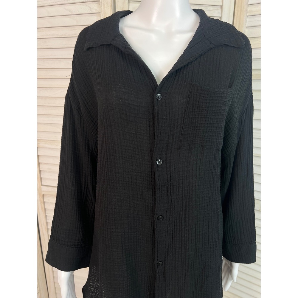 Kona Sol Top Cover Up Swim Black Gauze Cotton Button Down Beach Resort Medium - Picture 9 of 11